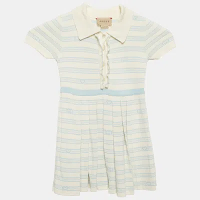 Pre-owned Gucci Kids White/blue Monogram Striped Knit Polo Dress 18-24 M
