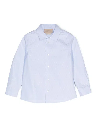 Gucci Kids' Light Blue Shirt With All-over  Motif In Cotton Baby