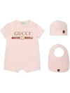 Gucci Kids Set Tutina Bavaglino E Berretto Con Stampa In Pink
