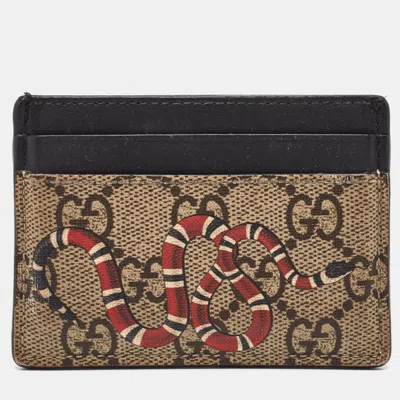 Pre-owned Gucci Kingsnake Beige/black Gg Supreme Canvas And Leather Card Holder In Sand