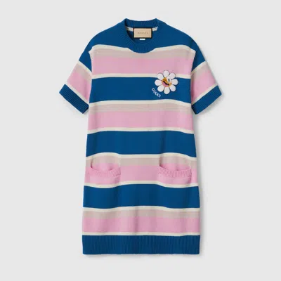 Gucci Striped Cotton Wool Dress With Patch In Blue