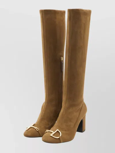 Gucci Knee-high Suede Block Heel Boots In Brown