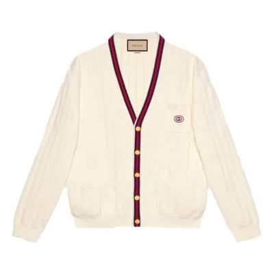 Gucci Knit Cotton V-neck Cardigan With Web 'ivory'