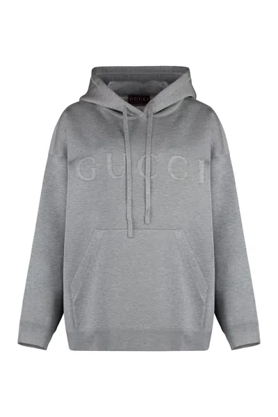 Gucci Knit Hoodie With Embossed Logo For Women In Gray