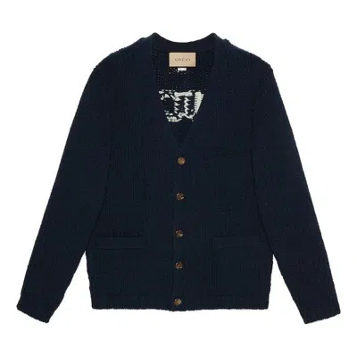 Gucci Knit Wool Cardigan With  Intarsia 'dark Blue'