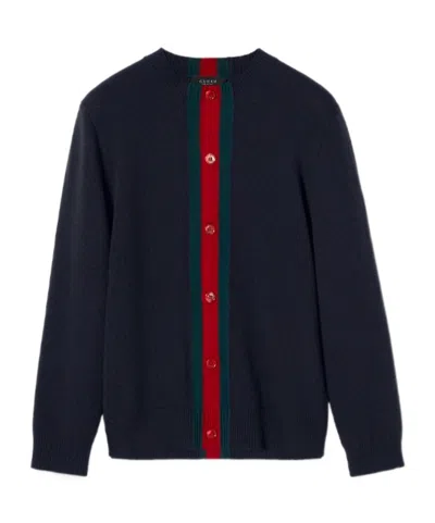 Gucci Knit Wool Cardigan With Web In Blue