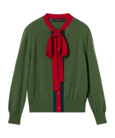 Gucci Knit Wool Cashmere Cardigan With Web In Green