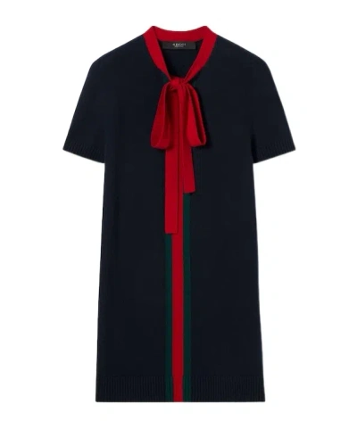 Gucci Knit Wool Cashmere Dress With Web In Blue