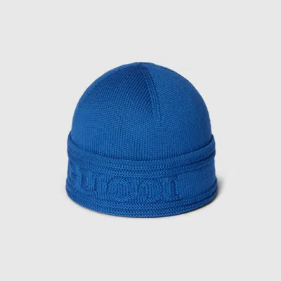 Gucci Knit Wool Hat With  Logo In Blue