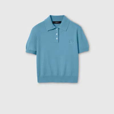 Gucci Knit Wool Polo Shirt With Embroidery In Blue