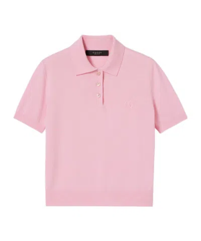 Gucci Knit Wool Polo Shirt With Embroidery In Pink