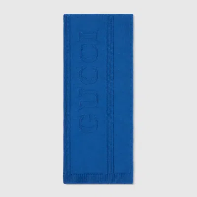 Gucci Knit Wool Scarf With  Logo In Blue