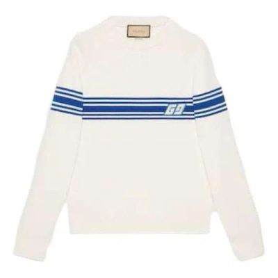Gucci Knit Wool Sweater With Square Gg 'ivory Blue' In White