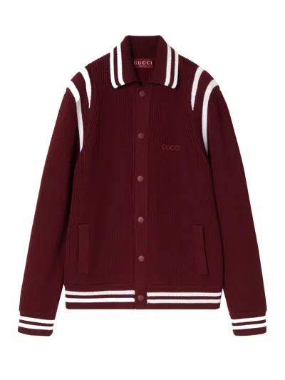 Gucci Knitted Cardigan With Embroidery In Burgundy