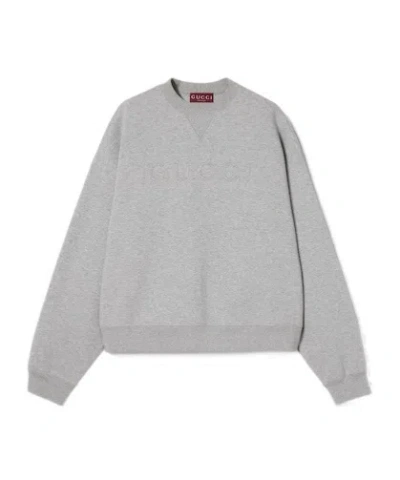 Gucci Knitted Cotton Printed Embossed Hoodie In Gray