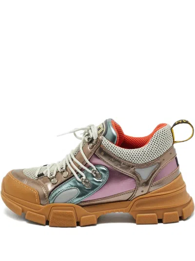 Pre-owned Gucci Knitted Leather Lace-up Sneakers In Gold