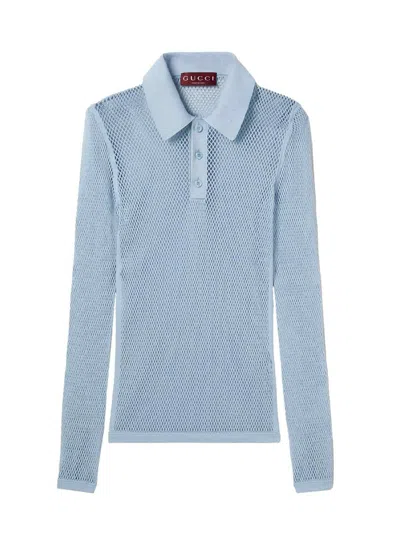 Gucci Knitted Polo Shirt In Light Blue
