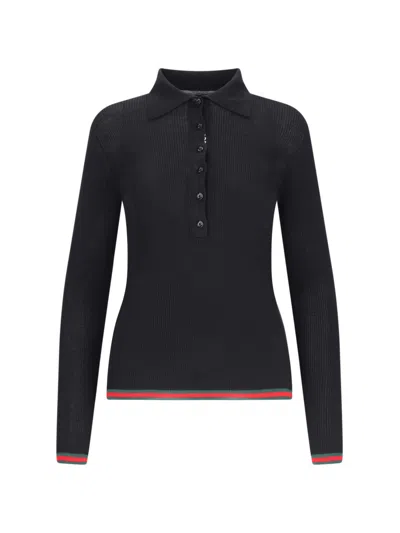 Gucci Womens Black Mc Polo-collar Striped-trim Cashmere-silk Blend Knit Top