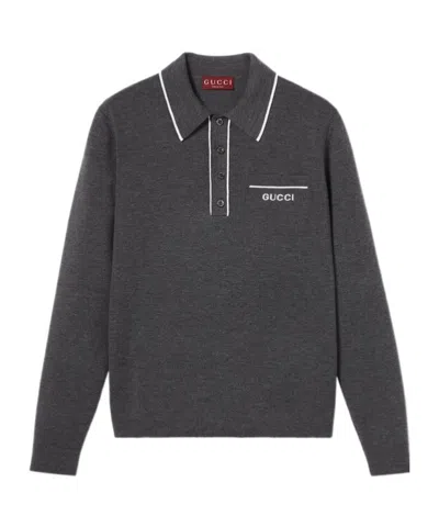 Gucci Knitted Wool Long-sleeved Polo Shirt In Black