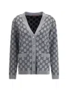 Gucci Women Grey V-neck Cardigan With All-over Gg Motif In Wool Woman In Gray