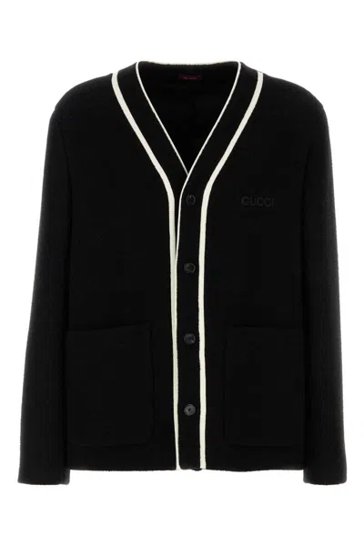 Gucci Wool Blend Cardigan With Contrast Trim And Front Pockets In Black