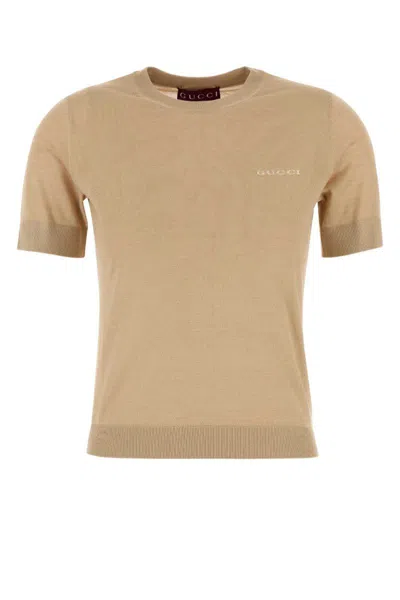 Gucci Short Sleeve Cashmere Blend Crew Neck Sweater In Nude
