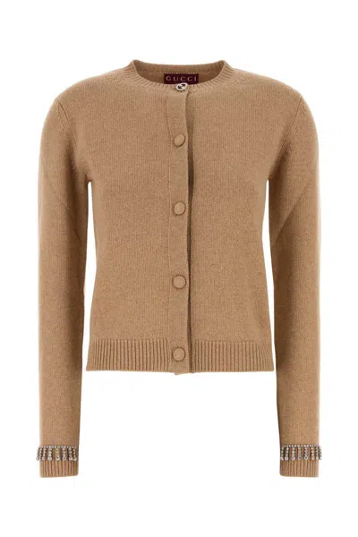 Gucci Camel Wool Blend Cardigan In Brown