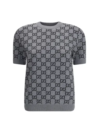Gucci Grey Reversible Crewneck Sweater With Ribbed Trims In Gg Wool Jacquard Woman In Gray