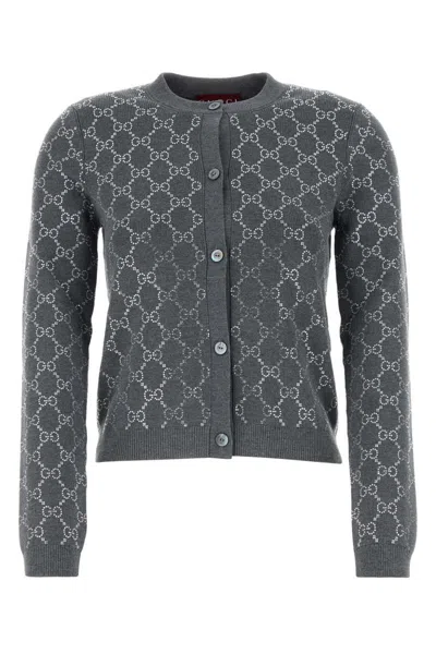 Gucci Gg Embellished Wool Jacquard Cardigan In Grey