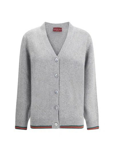 Gucci Wool And Cashmere Cardigan With Web Detail In Gray