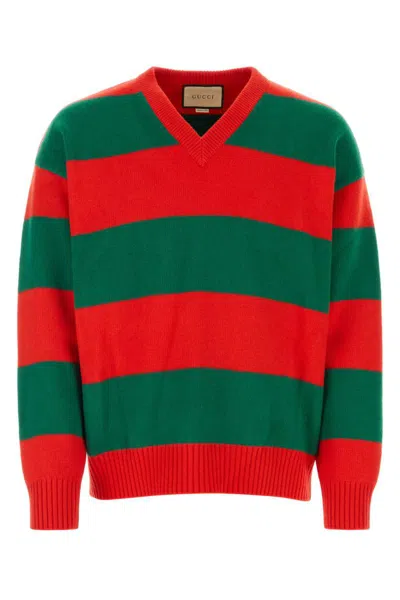 Gucci Striped Wool Blend V Neck Sweater In Red