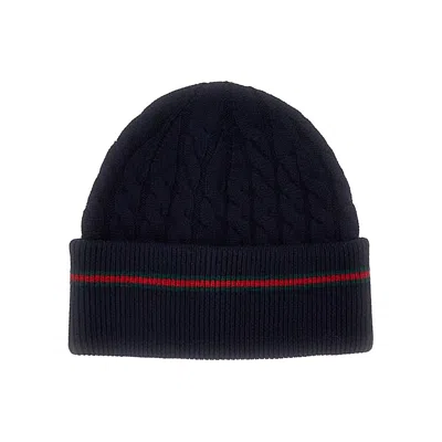 Gucci L Beanie Hat With Web Detail Kids In Blue