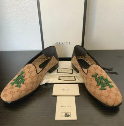 Pre-owned Gucci La Gg Supreme Mlb Princetown Mule Logo Canvas Loafers 10us/9g $890 In Brown