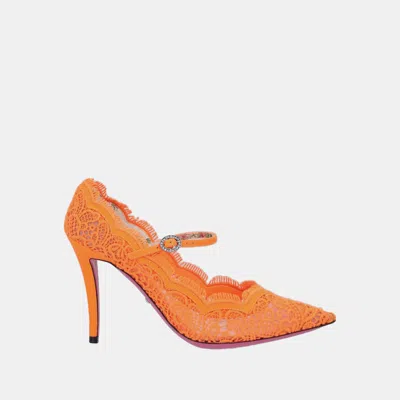 Pre-owned Gucci Lace And Leather Pointed Toe Pumps Size 37.5 In Orange