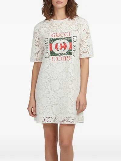 Pre-owned Gucci Lace Logo-print Mini Dress In White
