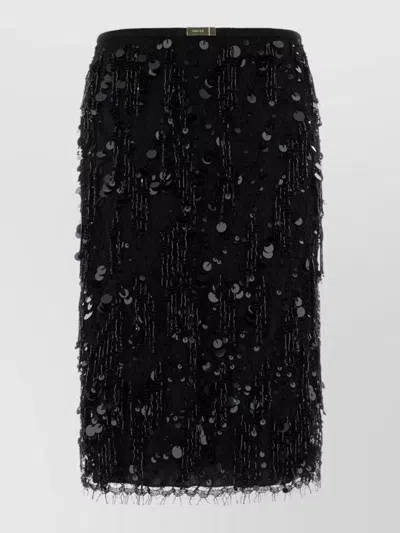 Gucci Lace Sequin Skirt Knee Length Fringe In Black