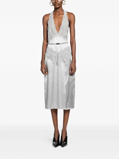 Gucci Satin Midi Dress Halter Neckline Lace In Gray