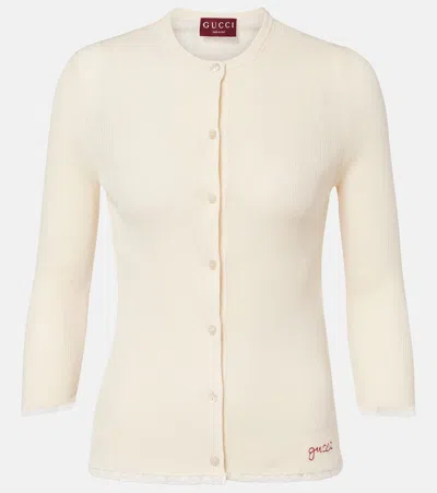 Gucci Lace-trimmed Ribbed-knit Cotton Cardigan In White