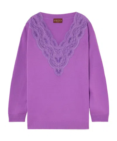 Gucci Lace-trimmed Ribbed Sweater In Purple