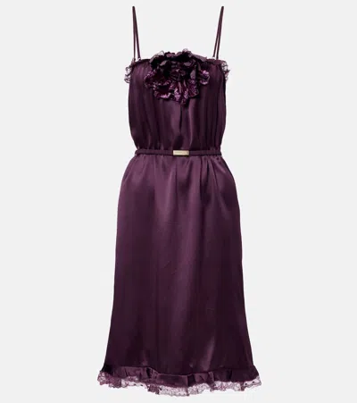 Gucci Lace-trimmed Silk Satin Midi Dress In Purple