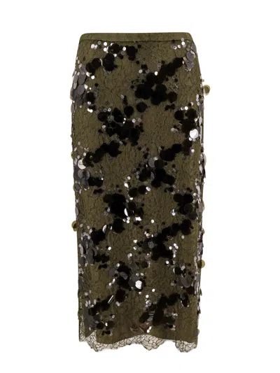 Gucci Womens Sequin-embellished Mid-waist Woven Midi Skirt Deep Oil Mix In Green