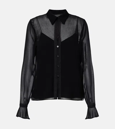 Gucci Lace-trimmed Silk Georgette Shirt In Black