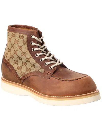Gucci Lace-up Gg Canvas & Leather Boot In Brown