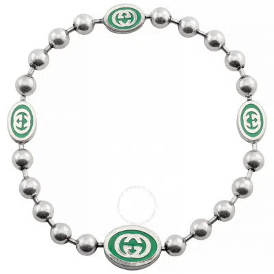 Gucci Ladies Interlocking G Green Enamel Silver Boule Chain Bracelet In Metallic