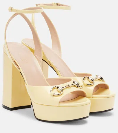Gucci Lady Horsebit 85 Patent Leather Platform Sandals In Yellow