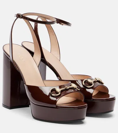 Gucci Lady Horsebit 85 Patent Leather Sandals In Burgundy