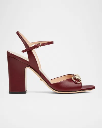 Gucci Lady Horsebit Ankle-strap Leather Sandals In Brown