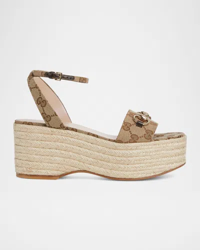 Gucci Lady Horsebit Gg Platform Espadrille Sandals In Beige/dark Brown