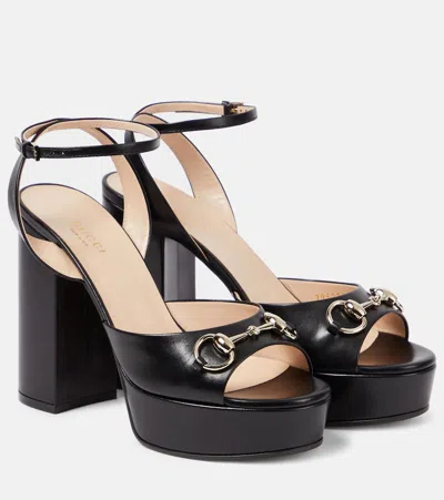 Gucci Lady Horsebit Leather Platform Sandals In Black