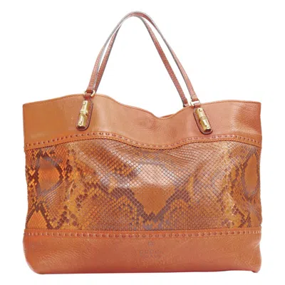 Pre-owned Gucci Laidback Crafty Tan Calf Leather Scaled Panel Bamboo Hardware Tote Bag In Brown